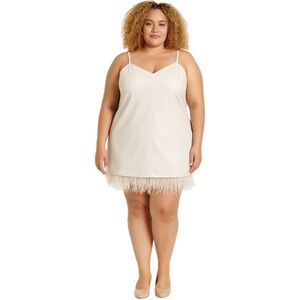 Lamarque Mollie NEW Faux Leather Feather Trim Sleeveless Dress Off White XXL